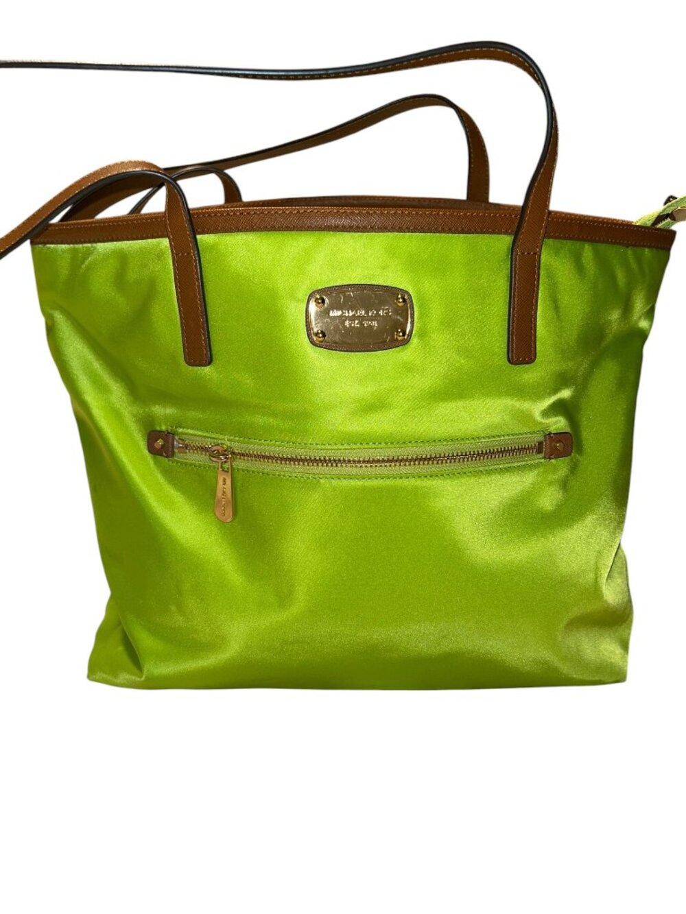 Michael Kors Kempton bright lime green nylon tote bag brown leather trim handles